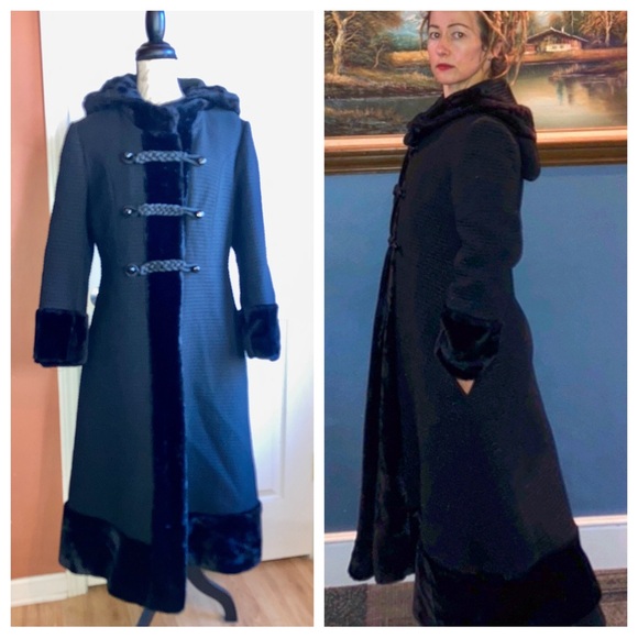 Vintage Jackets & Blazers - Vintage 60s Faux Fur Princess Style Hooded Heavyweight Union Made Coat Black
